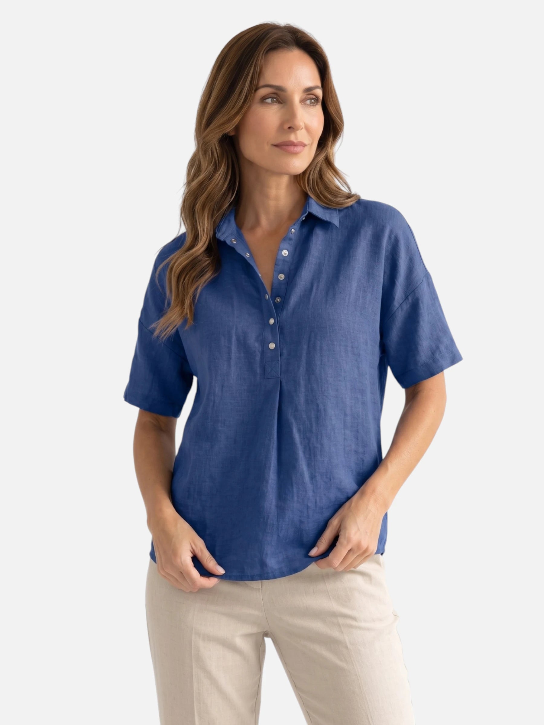 Chemise Femme en Lin Manches Courtes Col Classique Coupe Ample