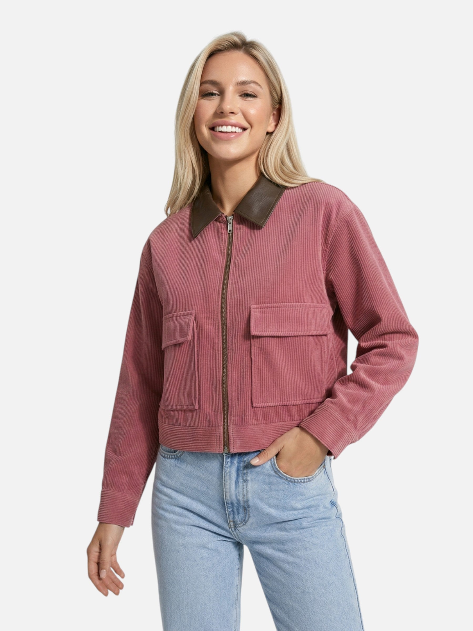 Veste femme légère courte avec col contrasté et zip