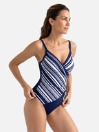 Maillot de Bain Femme Une Pièce Col V Croisé Rayé