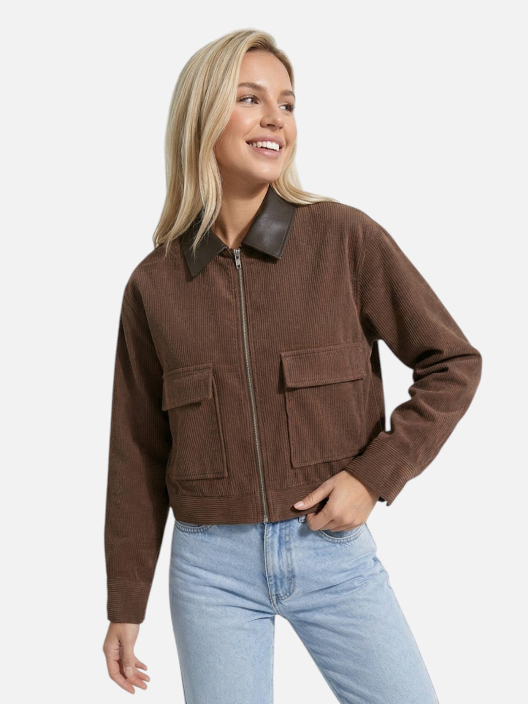 Veste femme légère courte avec col contrasté et zip
