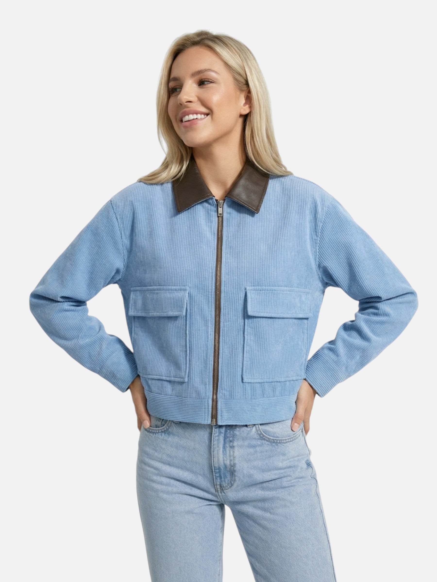 Veste femme légère courte avec col contrasté et zip