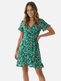 Vestido cruzado corto de verano con flores, mangas cortas y volante para mujer