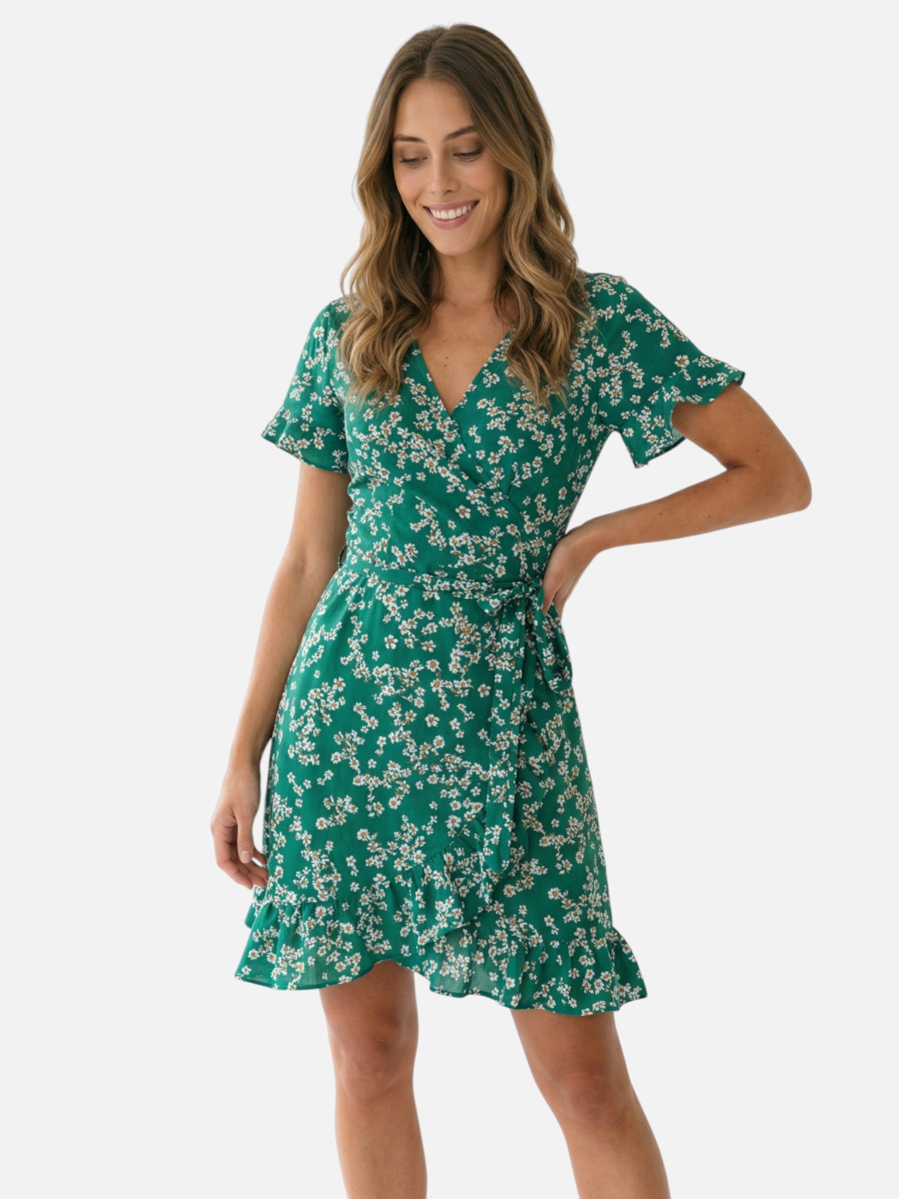 Robe portefeuille courte fleurie été avec manches courtes et volant pour femme