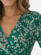 Robe portefeuille courte fleurie été avec manches courtes et volant pour femme