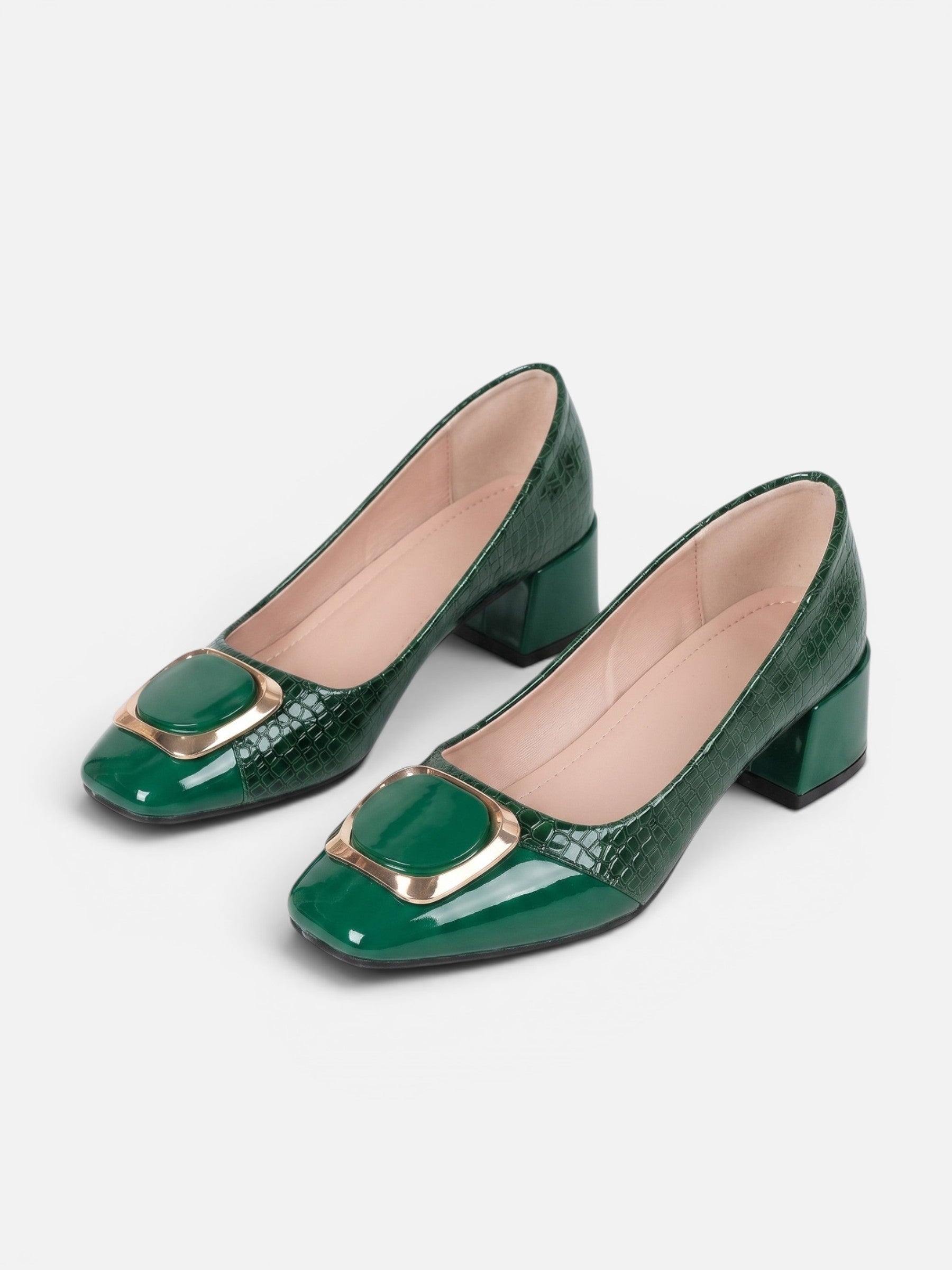 Escarpins Femme Bout Carré Talon Bloc Boucle Bijou