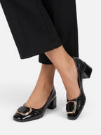 Escarpins Femme Bout Carré Talon Bloc Boucle Bijou