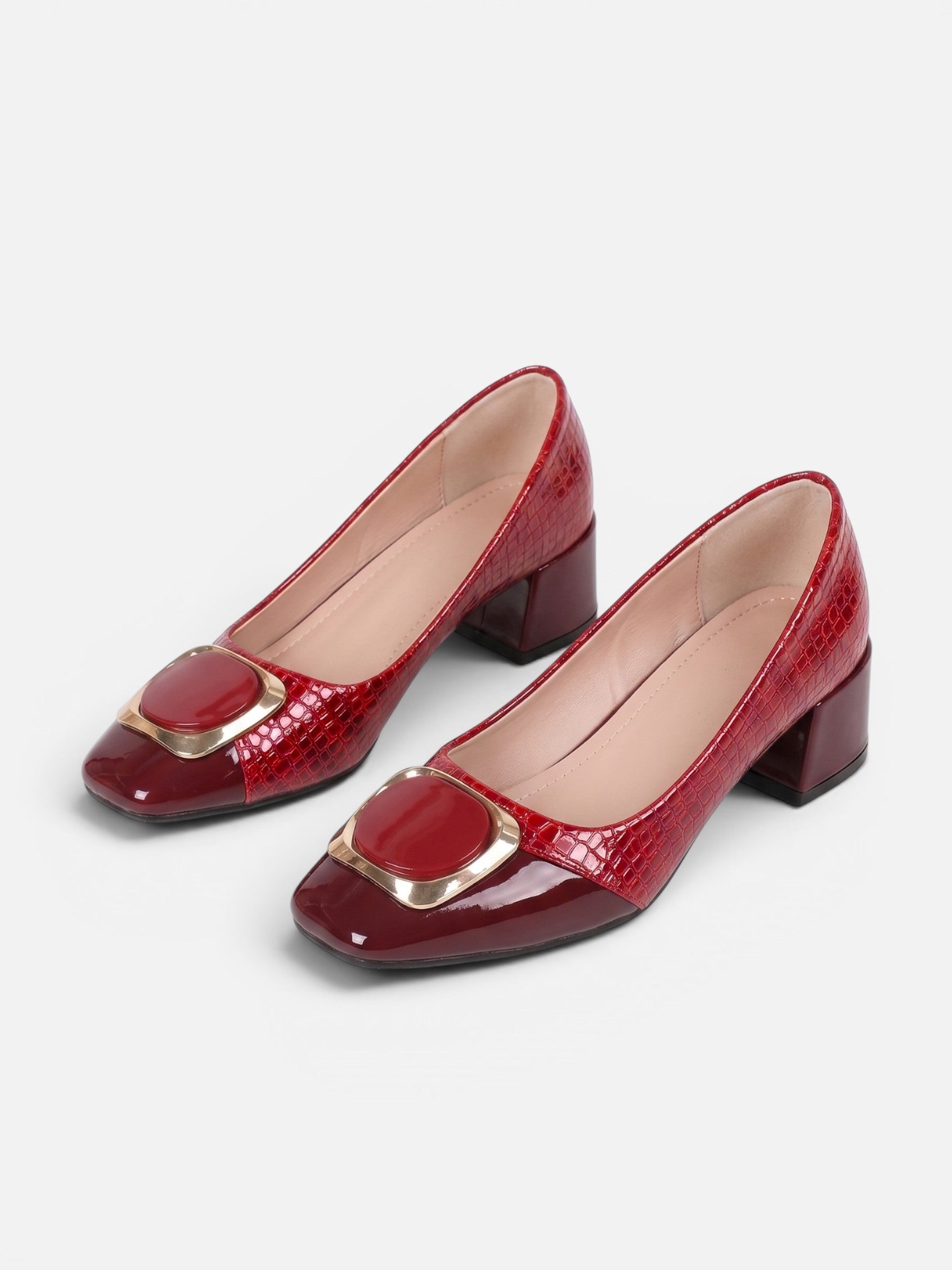 Escarpins Femme Bout Carré Talon Bloc Boucle Bijou