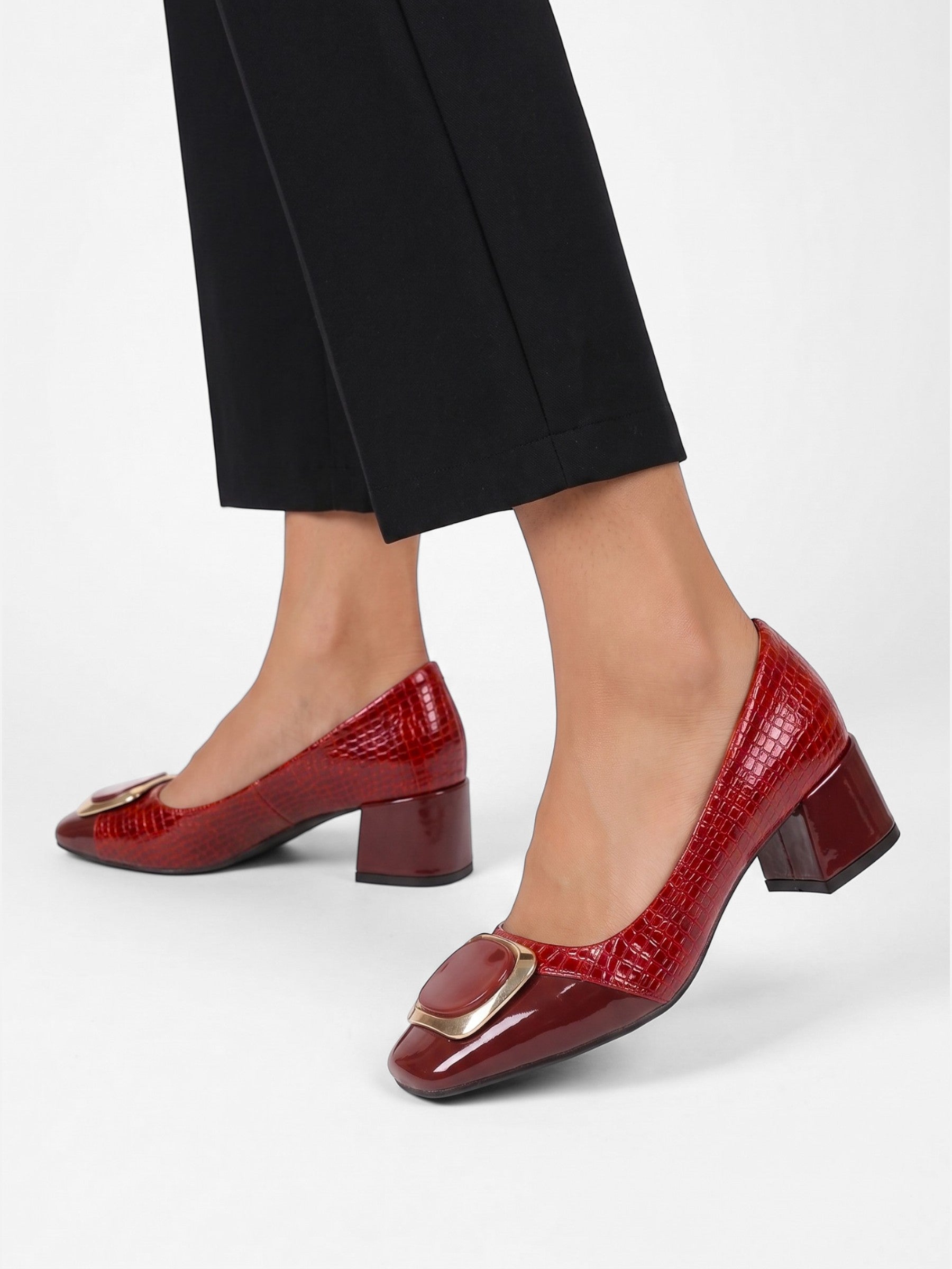 Escarpins Femme Bout Carré Talon Bloc Boucle Bijou