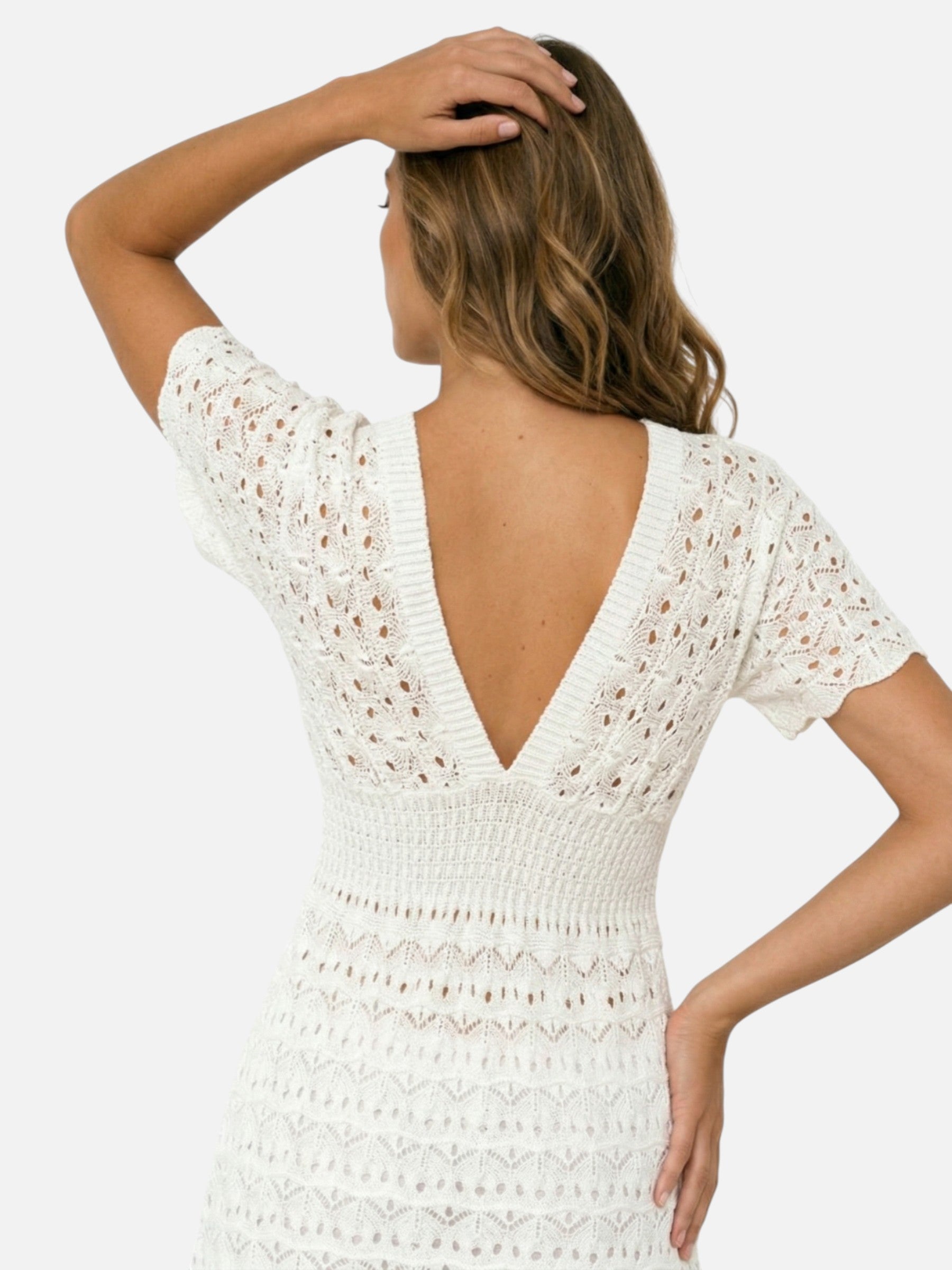 Robe courte de plage en maille col V pour femme