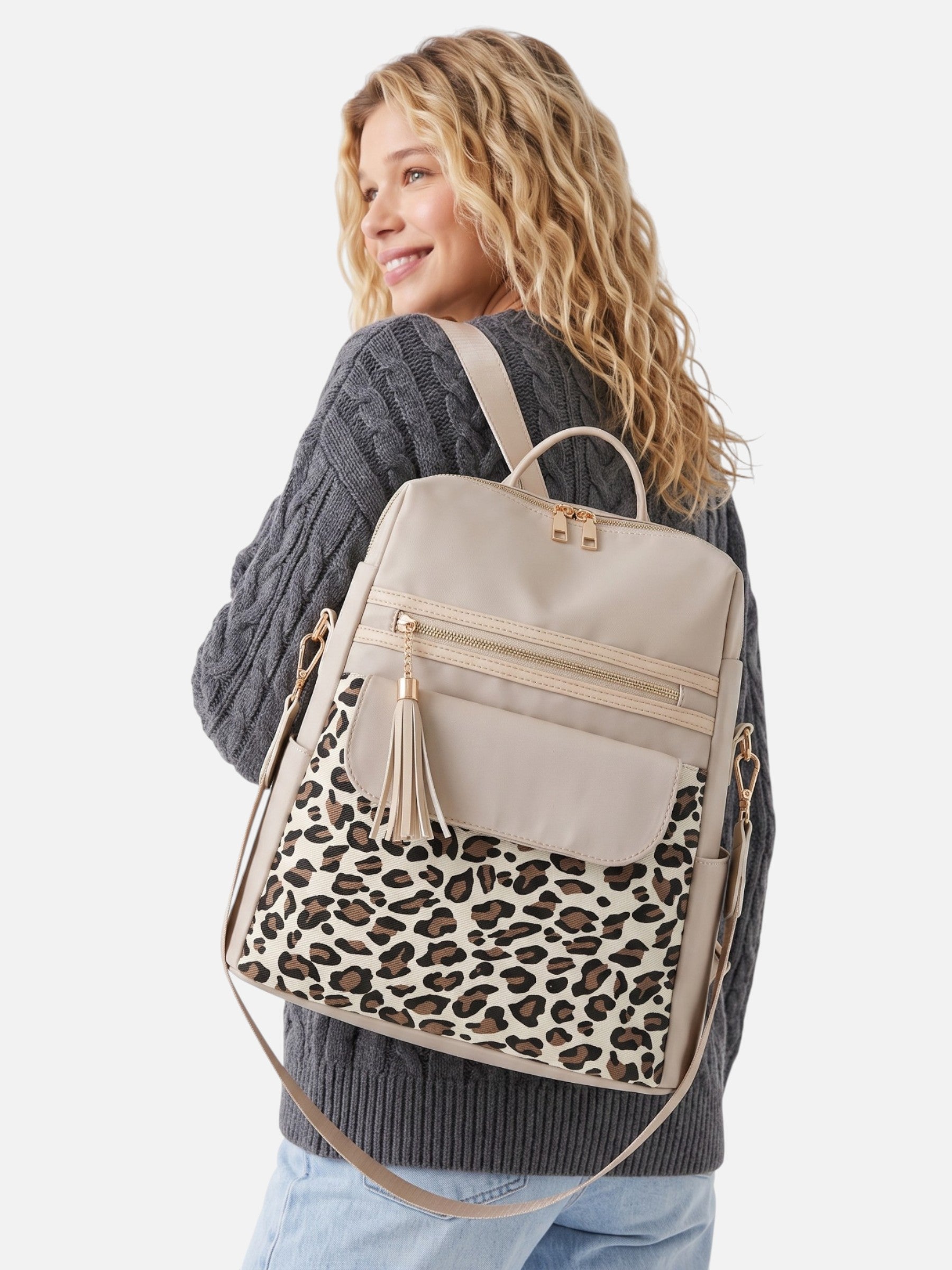 Sac à Dos Femme Imprimé Léopard à Pompon
