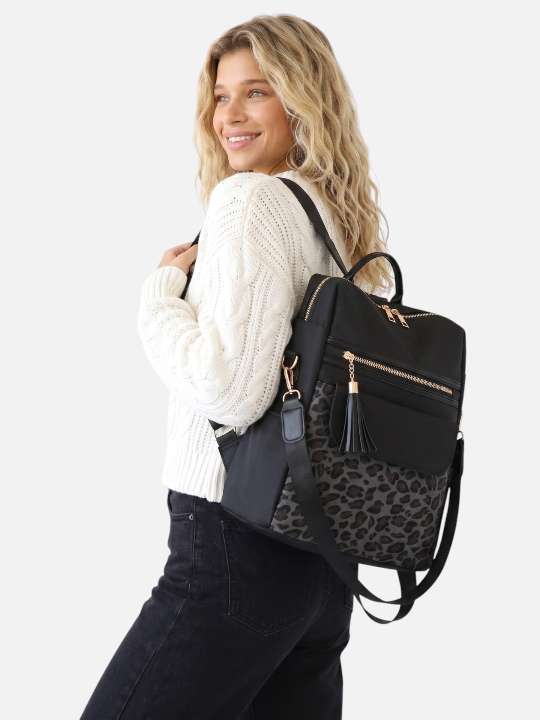 Sac à Dos Femme Imprimé Léopard à Pompon