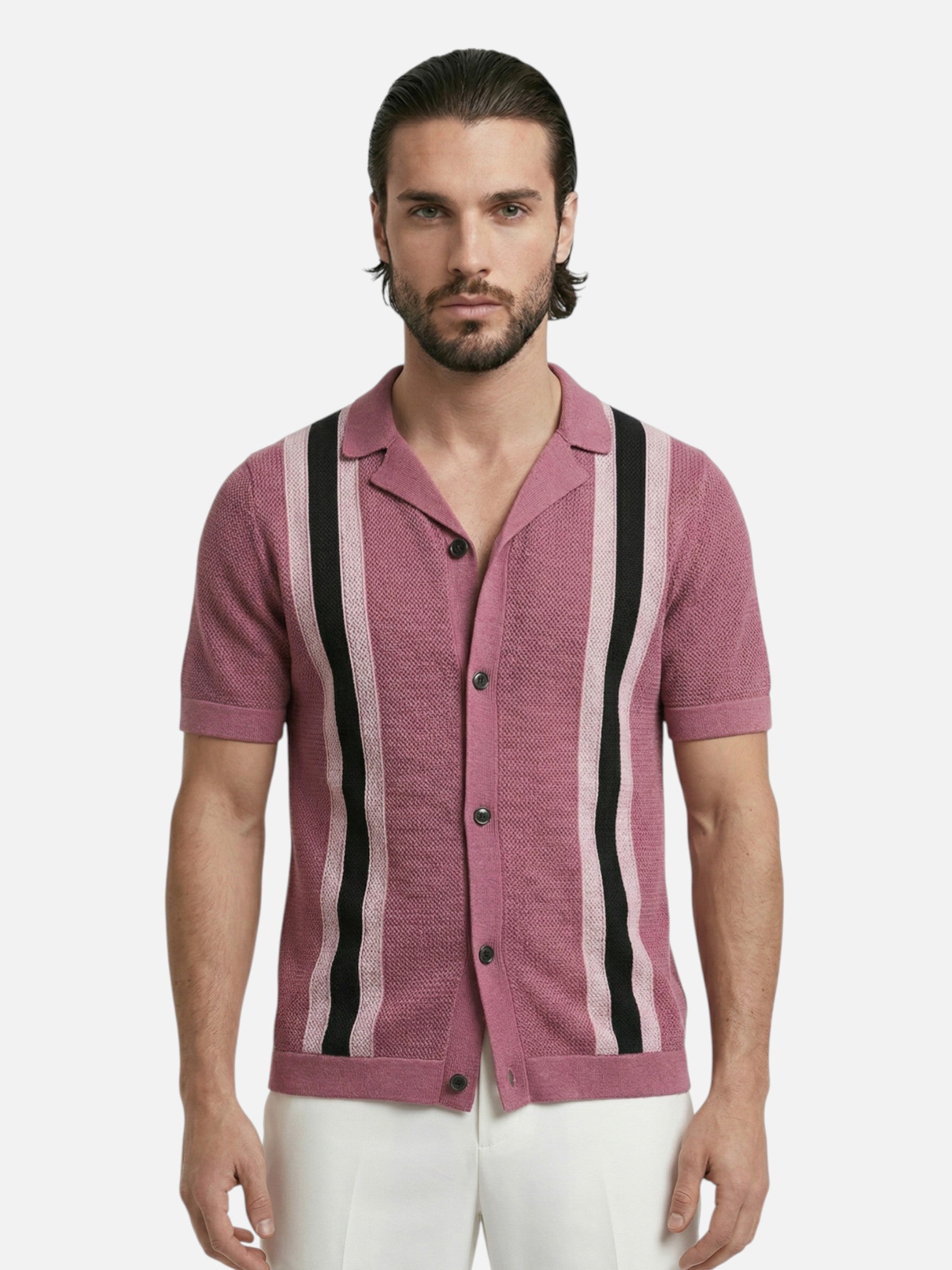 Men's polo shirt in textured knit with vertical stripes and elegant Cuban collar