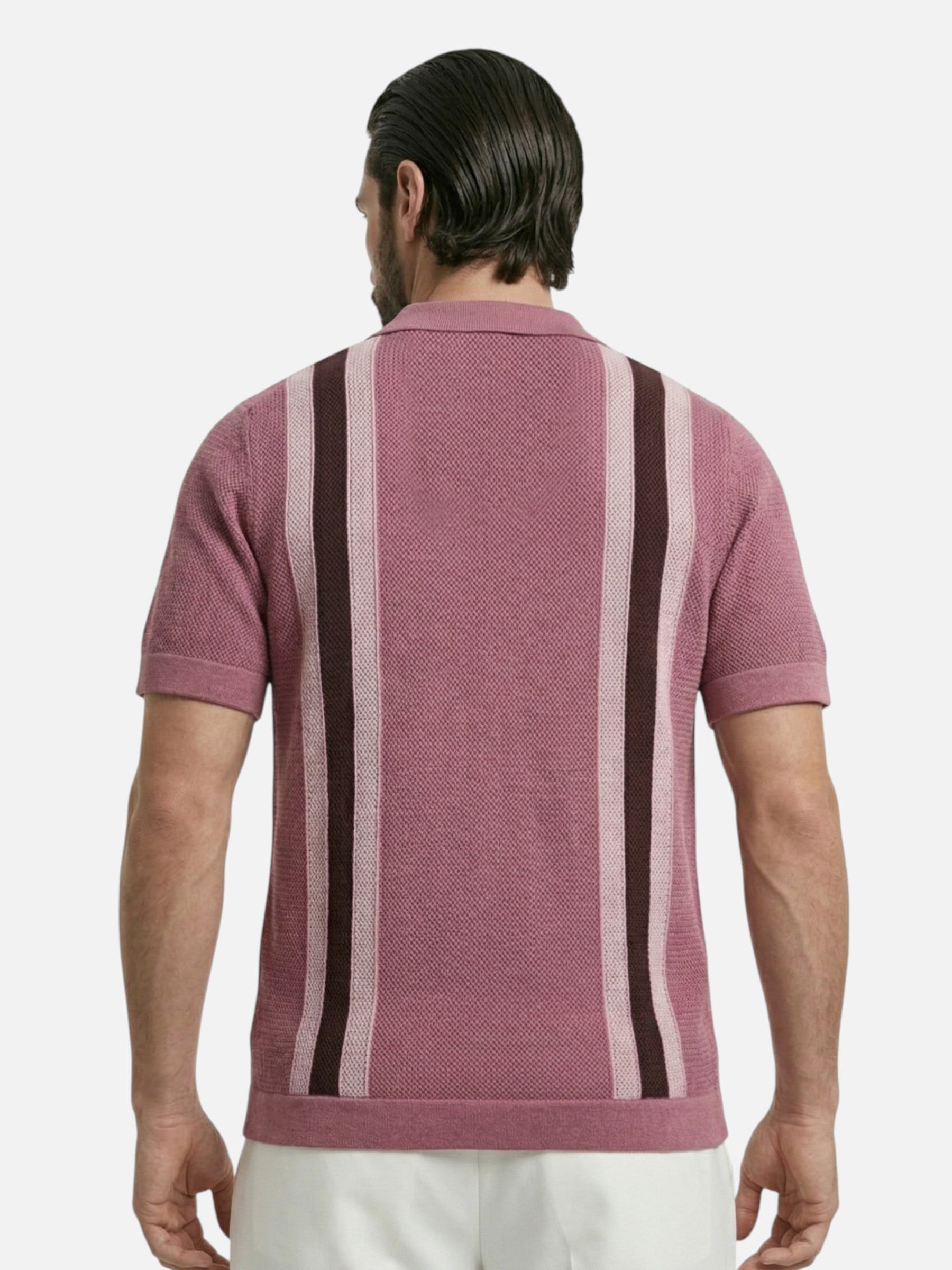 Men's polo shirt in textured knit with vertical stripes and elegant Cuban collar