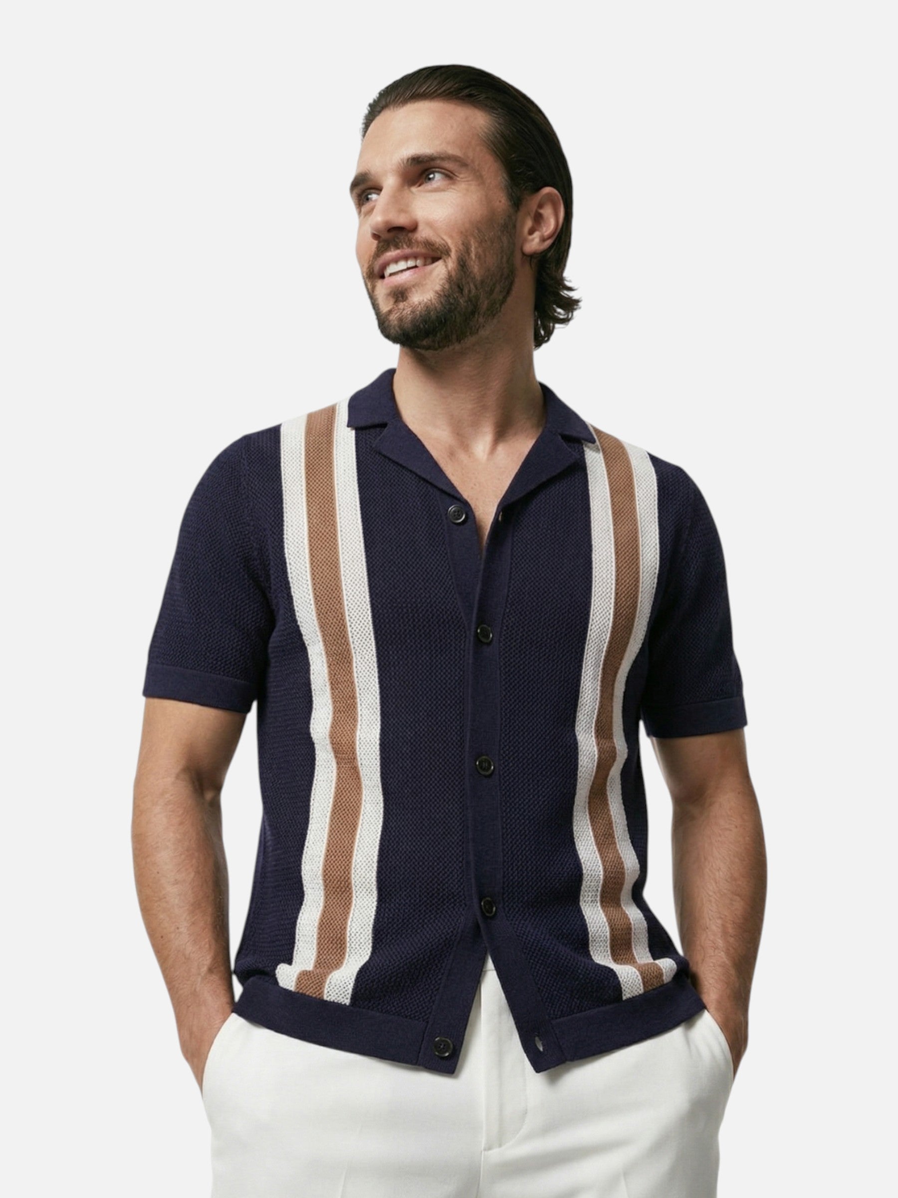 Men's polo shirt in textured knit with vertical stripes and elegant Cuban collar
