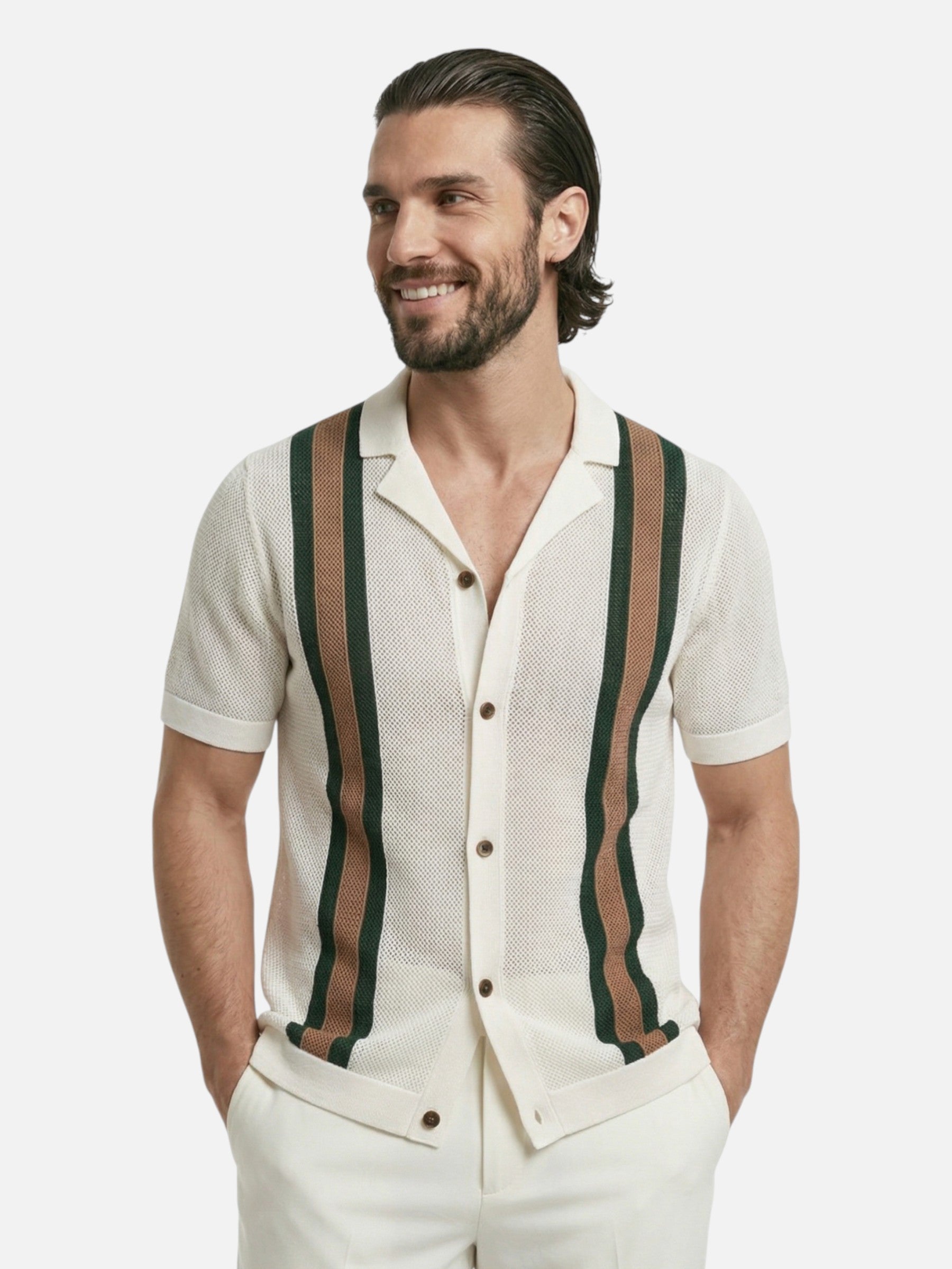 Men's polo shirt in textured knit with vertical stripes and elegant Cuban collar