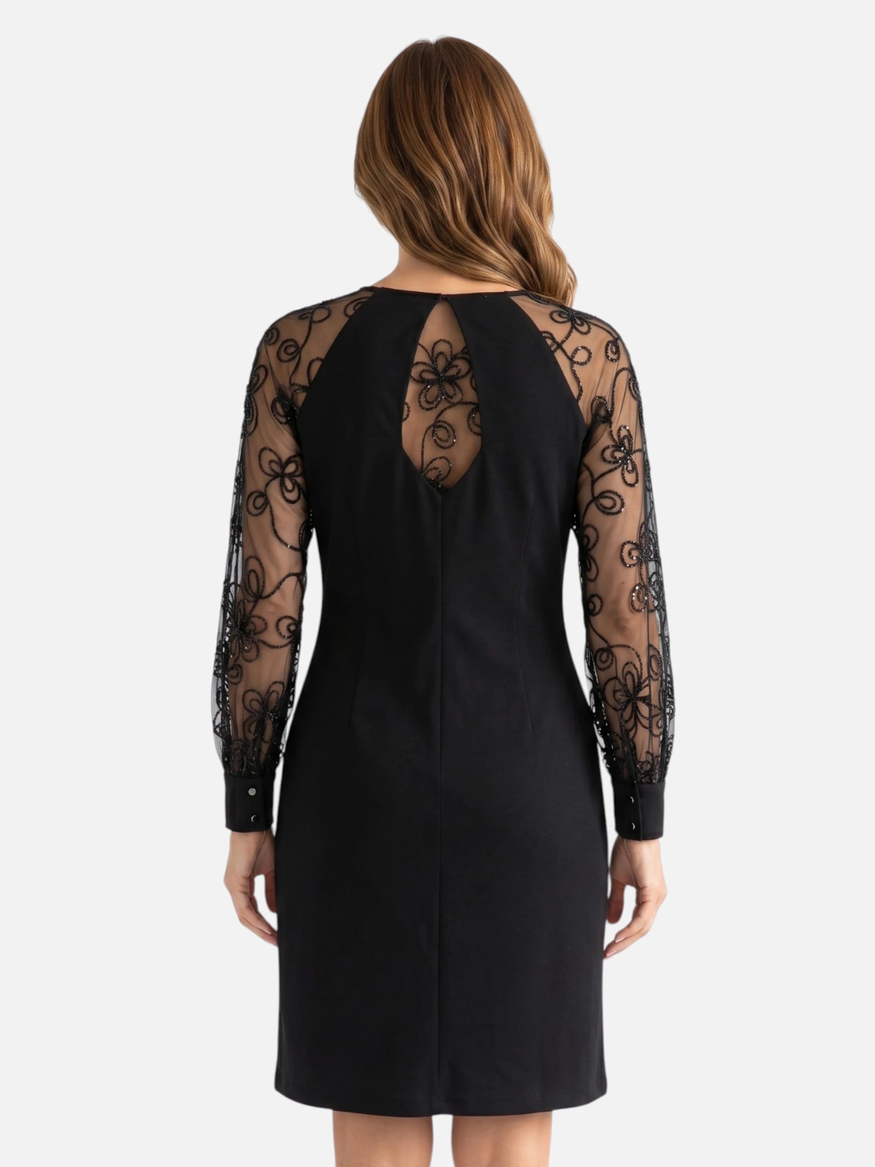 Robe Femme Noire Manches Longues en Tulle Brodé