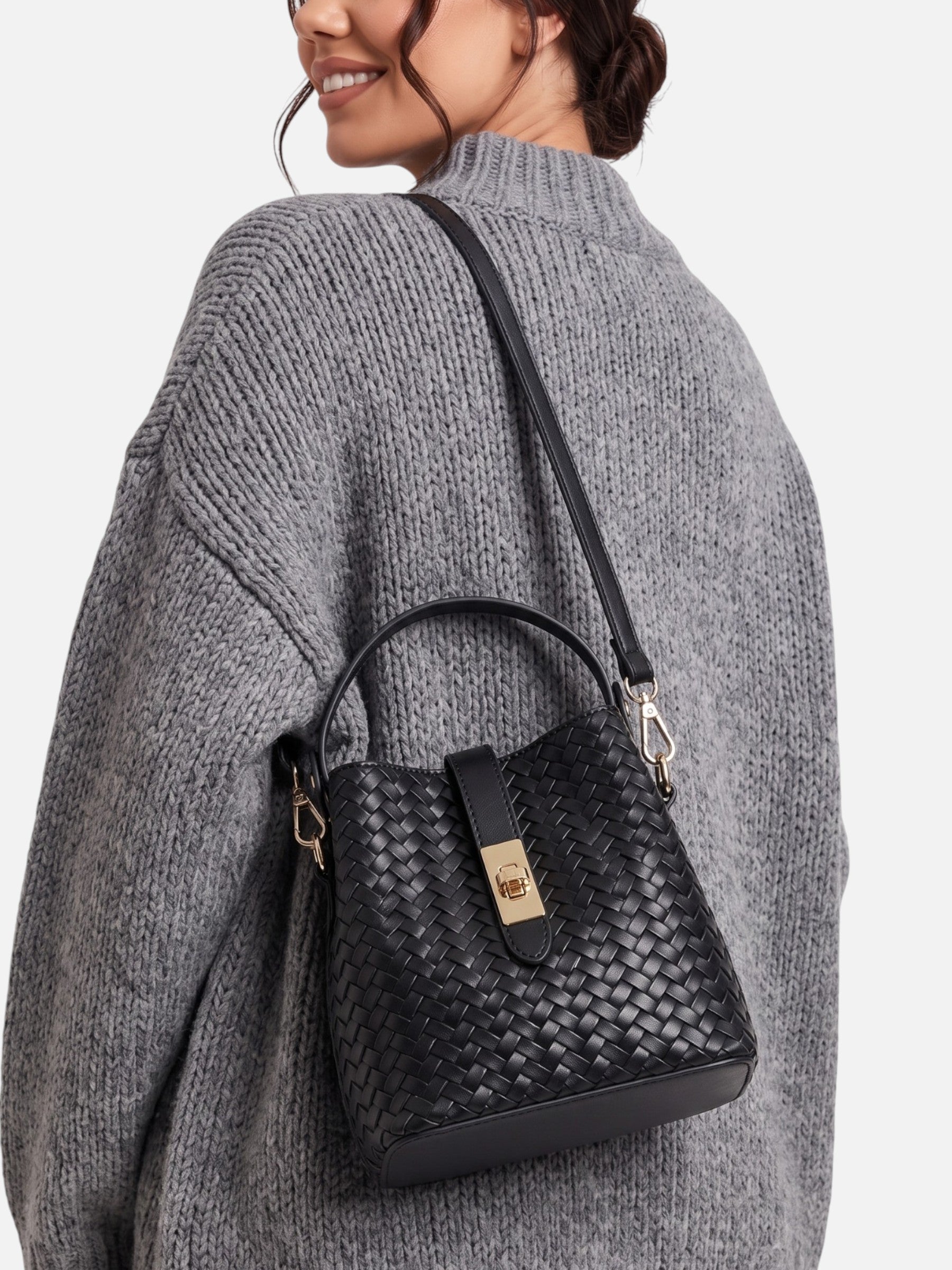 Women's Woven Leather Bucket Bag