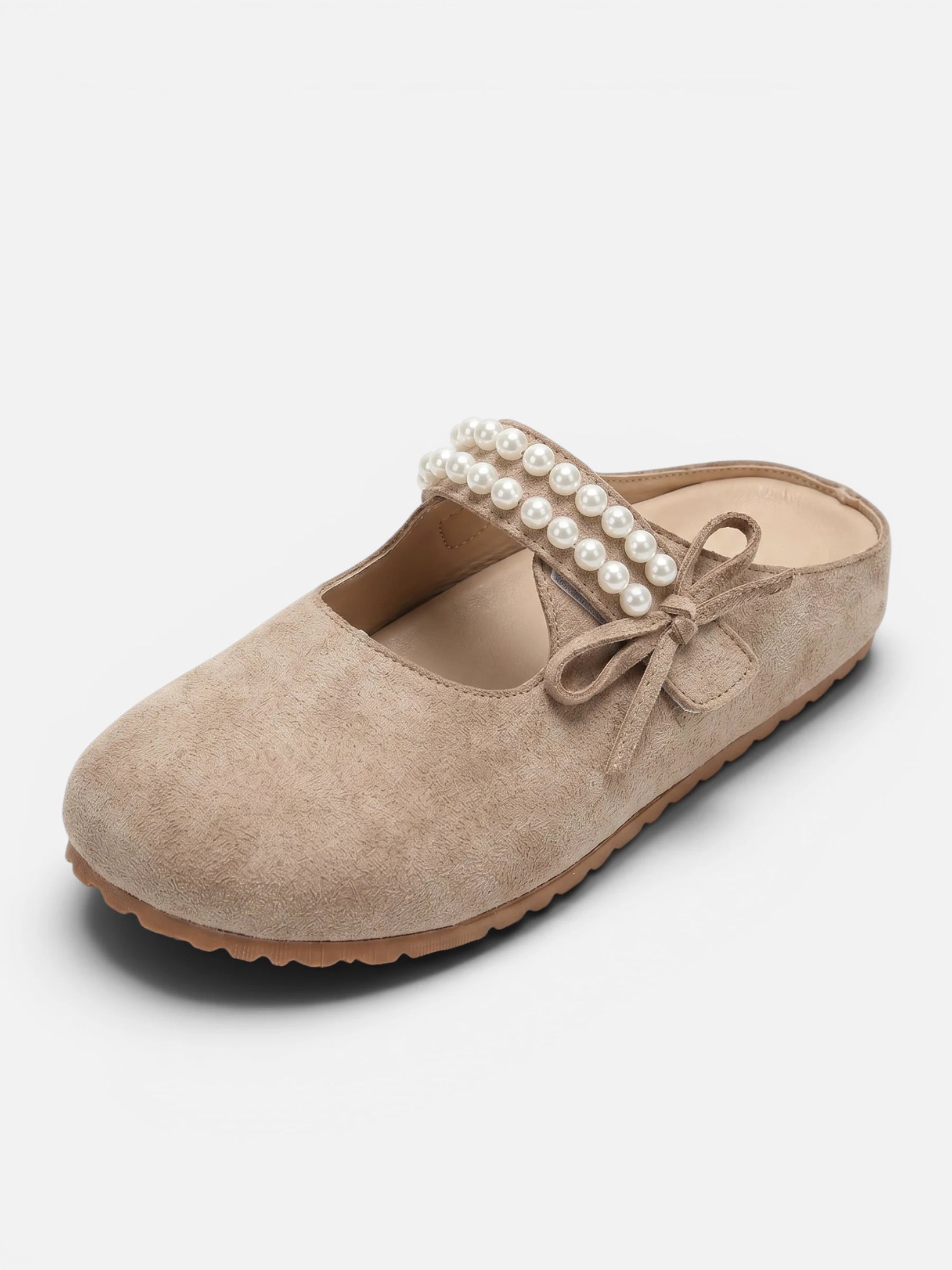 Women's Slip-On Mules in Suede-Look with Pearl Embellished Strap and Bow Detail