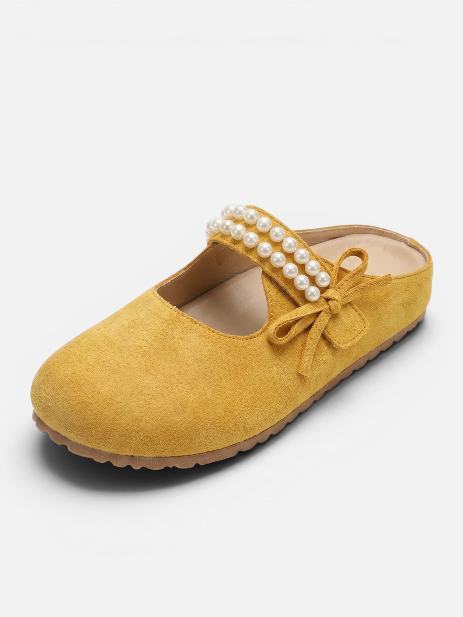Women's Slip-On Mules in Suede-Look with Pearl Embellished Strap and Bow Detail
