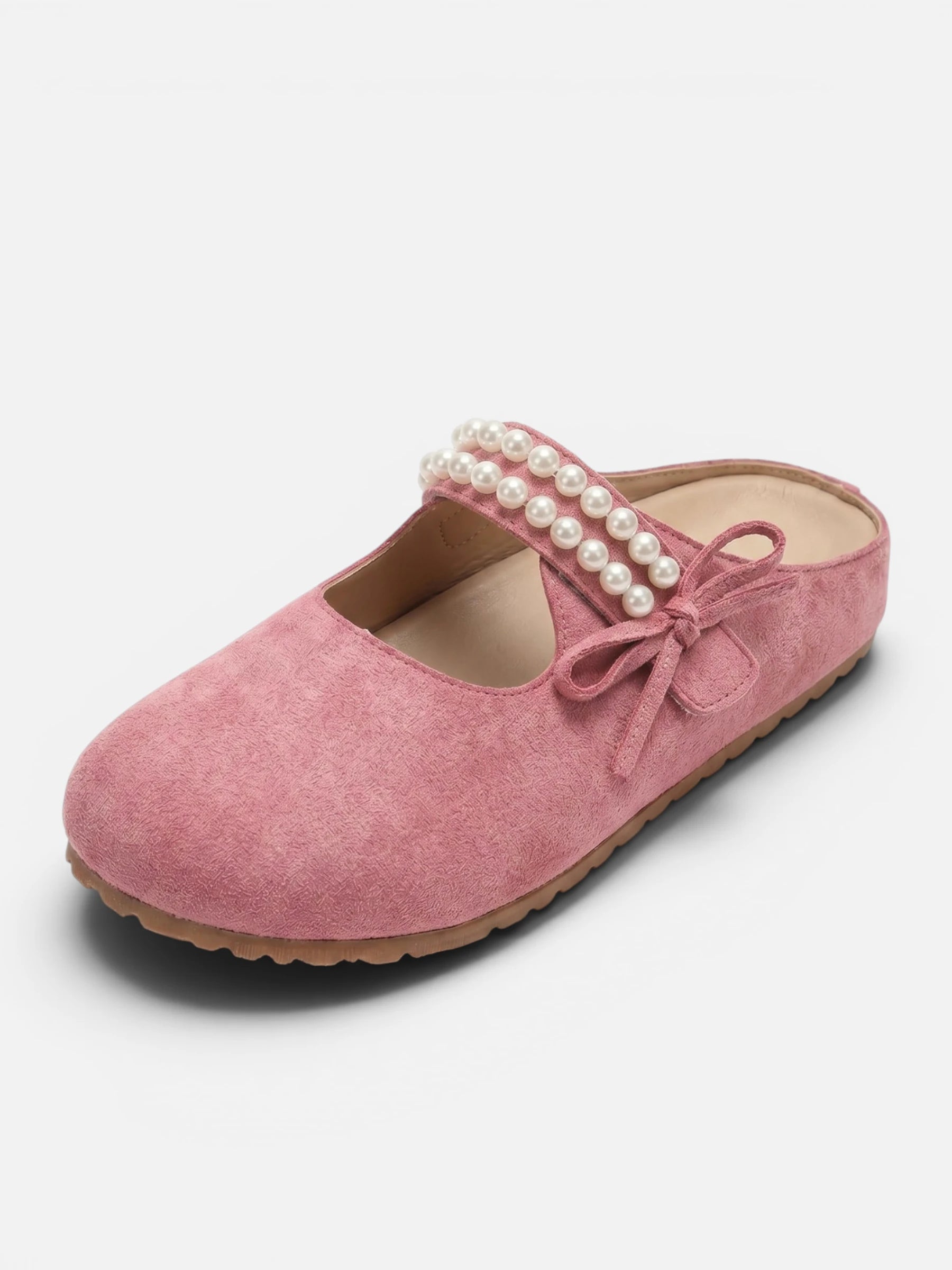 Women's Slip-On Mules in Suede-Look with Pearl Embellished Strap and Bow Detail