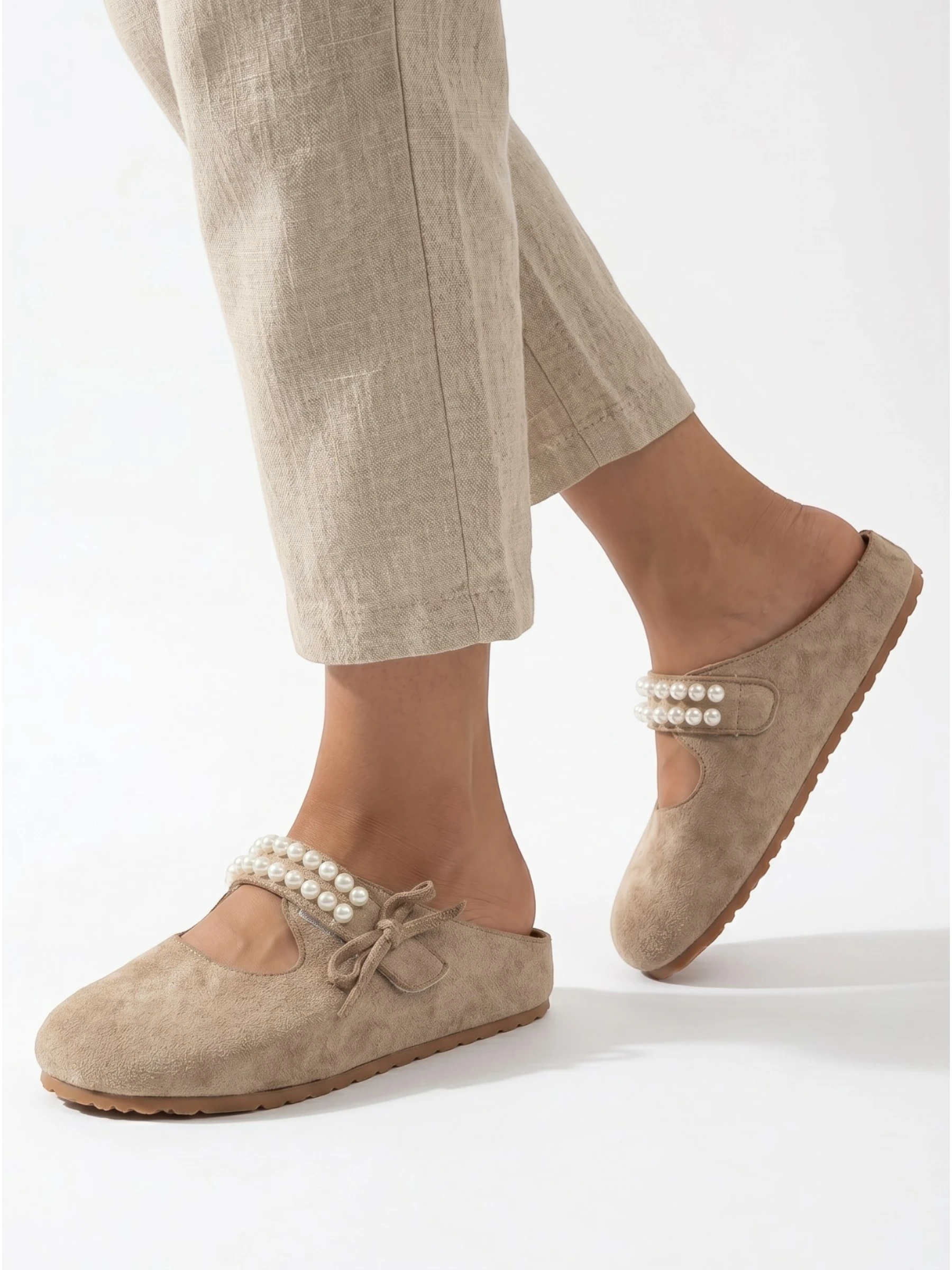Women's Slip-On Mules in Suede-Look with Pearl Embellished Strap and Bow Detail
