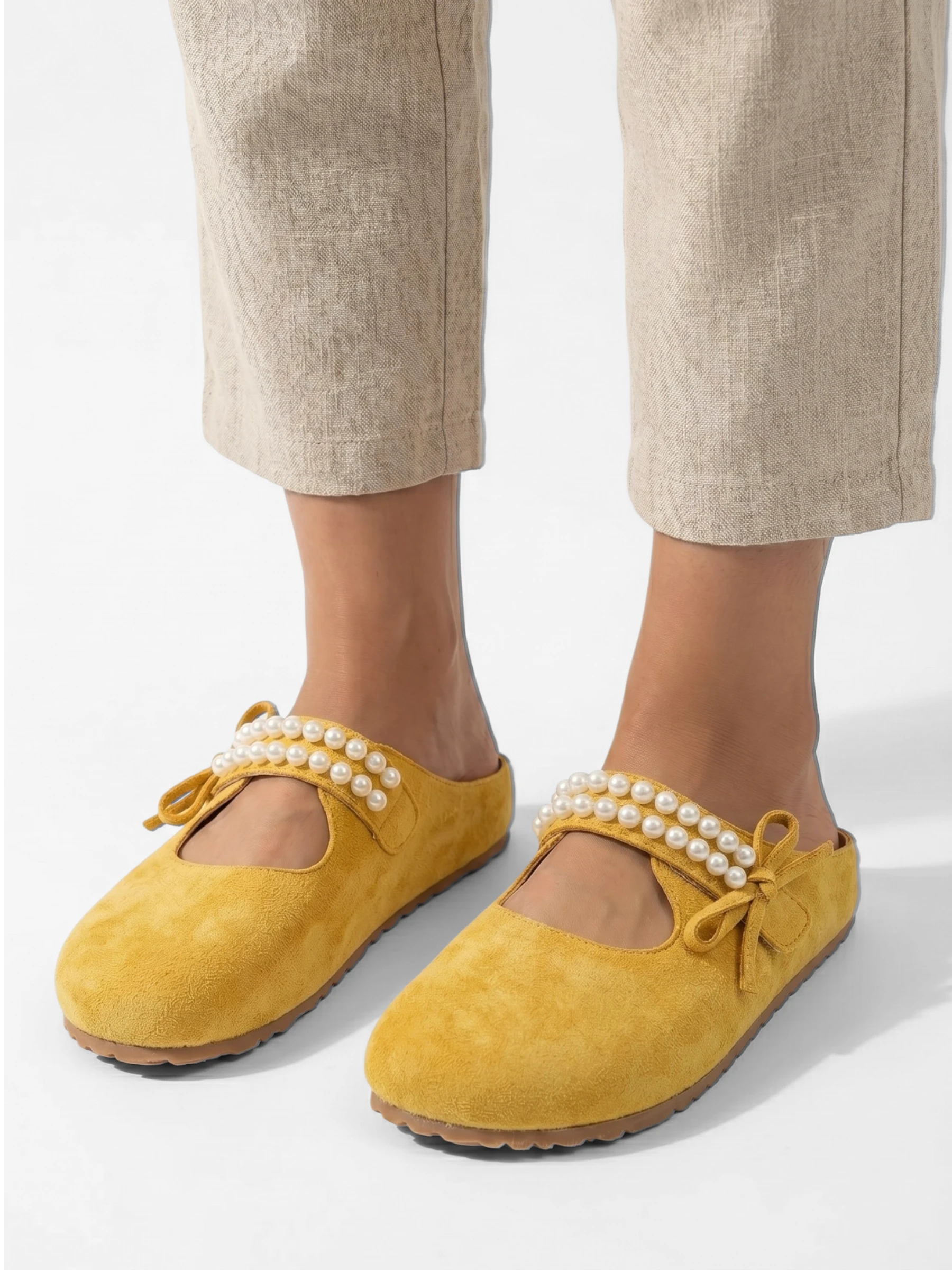Women's Slip-On Mules in Suede-Look with Pearl Embellished Strap and Bow Detail