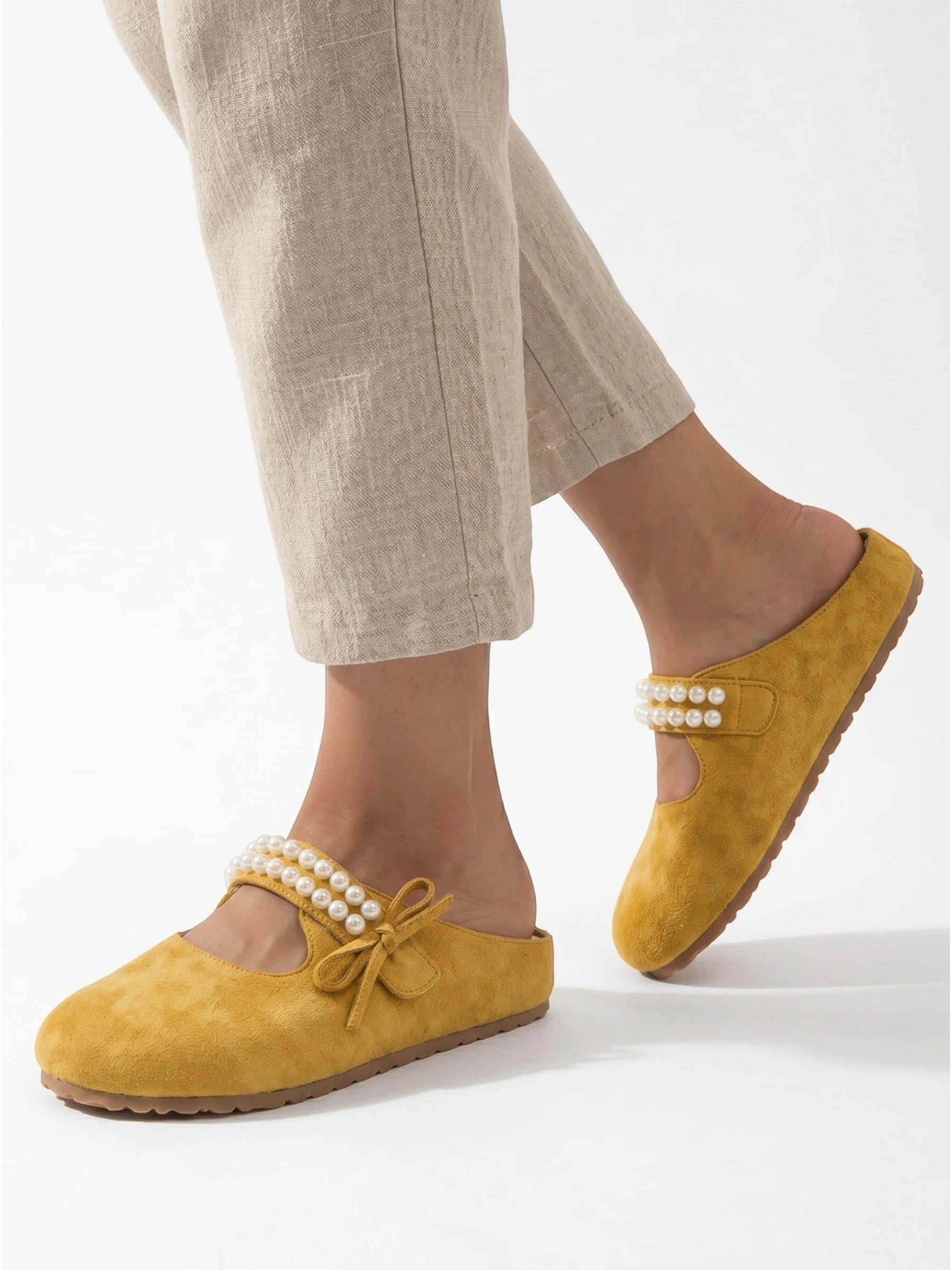 Women's Slip-On Mules in Suede-Look with Pearl Embellished Strap and Bow Detail