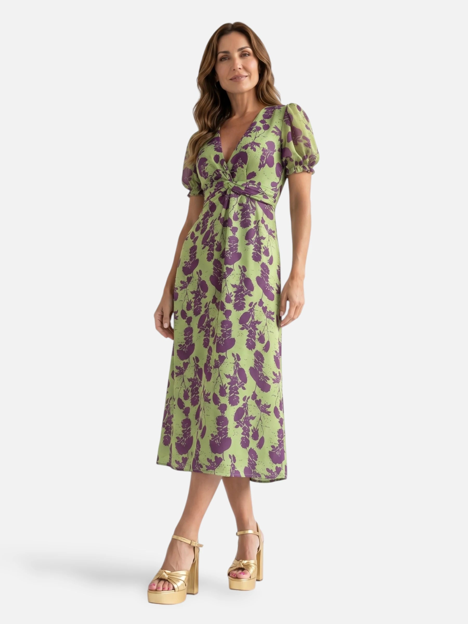 Robe Femme Midi Fleurie Col V à Manches Bouffantes