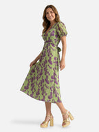 Robe Femme Midi Fleurie Col V à Manches Bouffantes