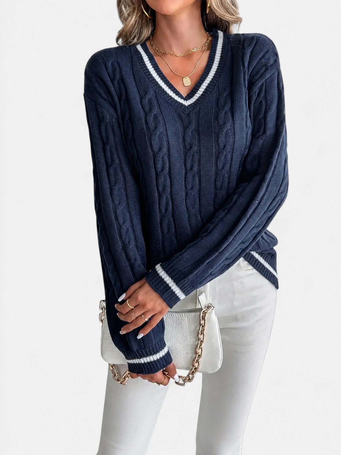 Pull Femme Torsadé Col V à Rayures Contrastées