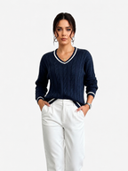 Jersey trenzado para mujer con cuello en V elegante