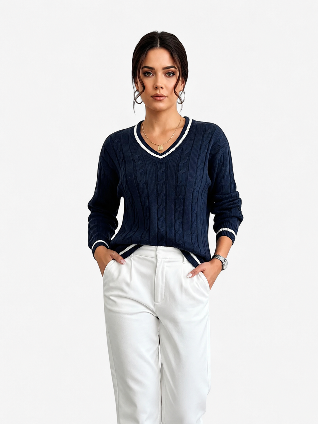 Jersey trenzado para mujer con cuello en V elegante