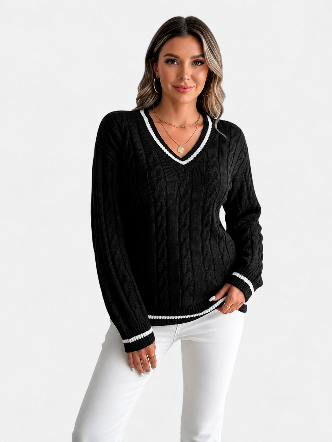 Jersey trenzado para mujer con cuello en V elegante