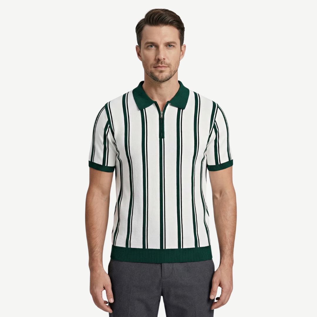 Striped knit polo with zip collar for men
